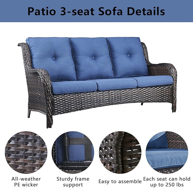 Belord Wicker Patio Furniture Sets - 8 Piece Rattan Outdoor Furniture Conversation Sets with 4 Swivel Rocker Chairs, Rattan Sofa, Wicker Ottomans and Coffee Table, Brown/Blue