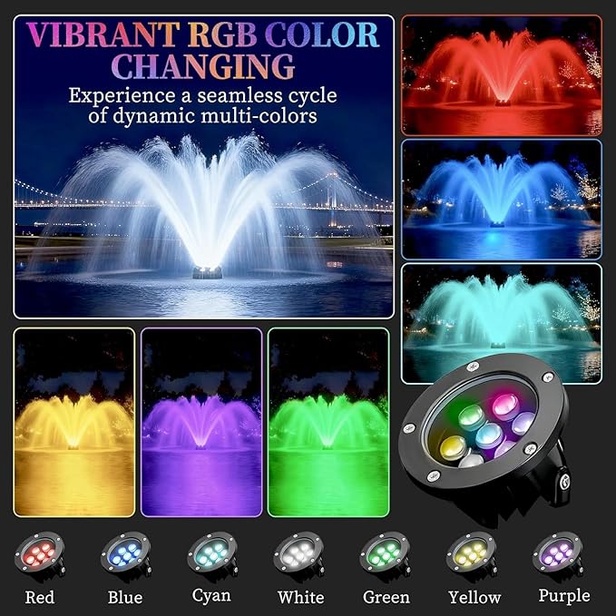 Pond Fountain Aerator with Lights Burnvale BU-F5, 2 RGB LED 1HP 15000 GPH Floating Aerating Fountain with Timer, 100FT Power Cord and Rope Aerator Water Pump, for Large Outdoor Ponds Lakes and Pool