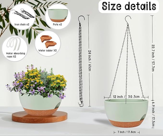 zople 2 Pack 12 Inch Large Hanging Planters with Chains Self Watering Green Brown Plastic Hanging Pots for Indoor Outdoor Plants, Garden Porch Home Decor，Green Brown