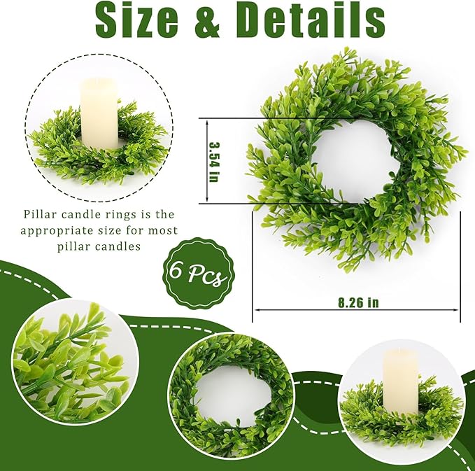 6 Pcs Artificial Boxwood Candle Rings Wreaths Mini Green Kitchen Cabinet Wreath Table Centerpieces Spring Summer Wreaths for Front Door Porch Outside All Season Farmhouse Wedding Party Decor