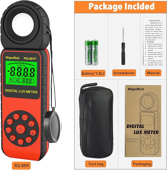 Light Meter, Illuminance Meter RQ-881F to Measure Light, Max Value Display 3999(Ranges: 1-400,000Lux), 270º Rotated Sensor, Back Light, Data Storage-Orange
