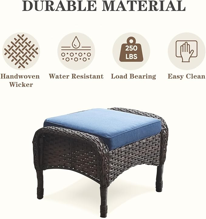Belord Patio Rocking Chairs Furniture Set - 5 Piece Outdoor Wicker Furniture Sets with Ottomans, Small Patio Conversation Sets with Wicker Rocking Chairs Brown/Blue