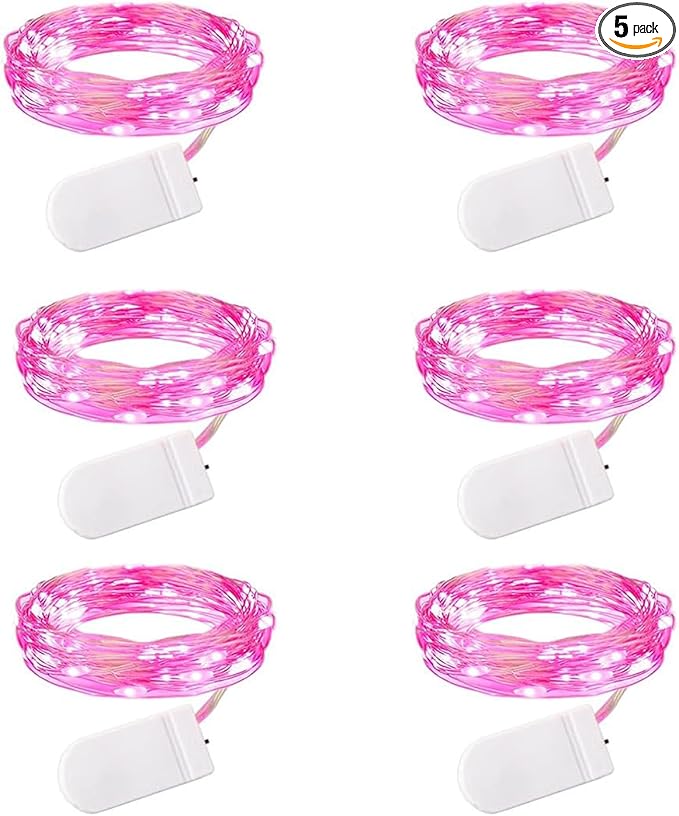 Minetom 6 Pack Fairy Lights Battery Operated String Lights - 7ft 20 LED Waterproof Silver Wire Firefly Lights for Valentine’s Day Decor DIY Crafts Wedding Table Centerpieces, Pink