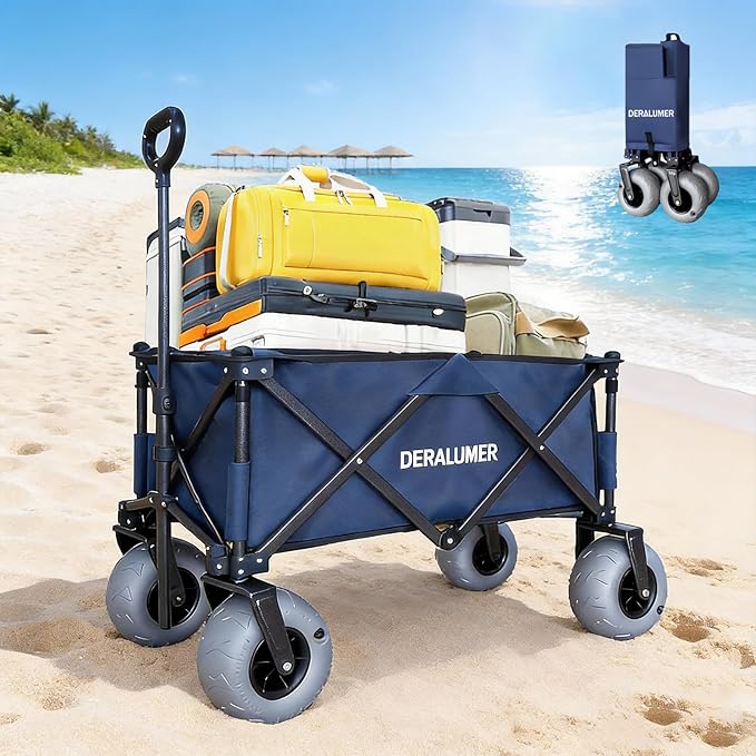 Beach Wagon with Big Wheels for Sand, 35"L Heavy Duty Folding Beach Wagon with 9×4" Balloon Tires, All Terrain Utility Cart for Garden, Sports, Camping, Outdoor (SandRover X800-B,Navy Blue)