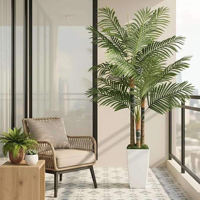 6ft Artificial Palm Tree Indoor Plant with White Tall Planter, Faux Silk Tropical Areca Floor Plant in Pot, Artificial Plants with Lifelike Leaves for Home Office Decor