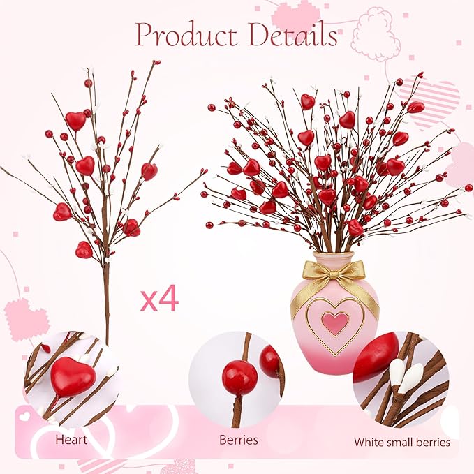 4Pcs Artificial Mother's Day Decorations Red Heart Berry Stems Heart Shaped Berry Gifts Flowers for Wedding Anniversary Party Supplies Decor