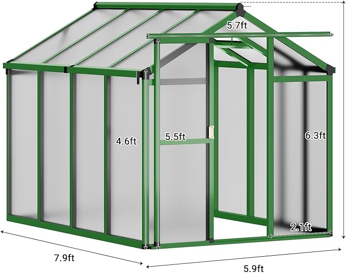 6x8 FT Greenhouse, Outdoor Sliding Door, Polycarbonate Greenhouse with Aluminum Frame, Lockable Door and Ajustable Roof Vent for Backyard, Outside Garden Backyard, Patio, Green
