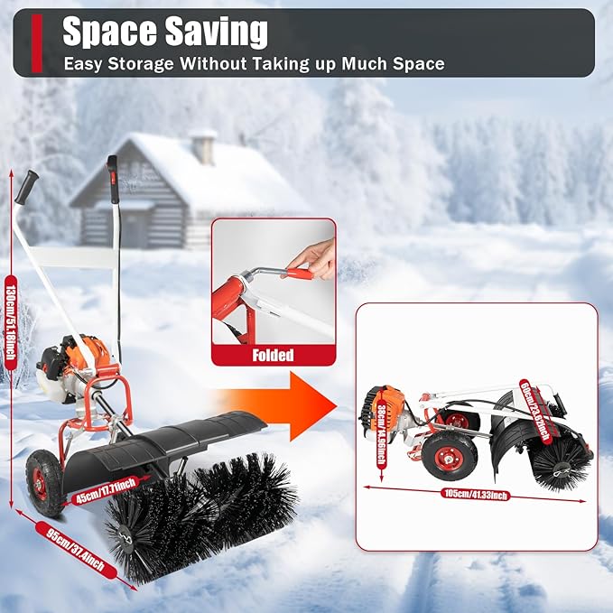 52CC Gas Powered Hand Snow Sweeper Power Brush - 20.5" Width Nylon Brush, 10500 RPM, 2.5HP 2-Stroke Walk Behind Snow Sweeper Machine for Driveway, Walkway, Lawn & Artificial Turf Cleaning, Foldable