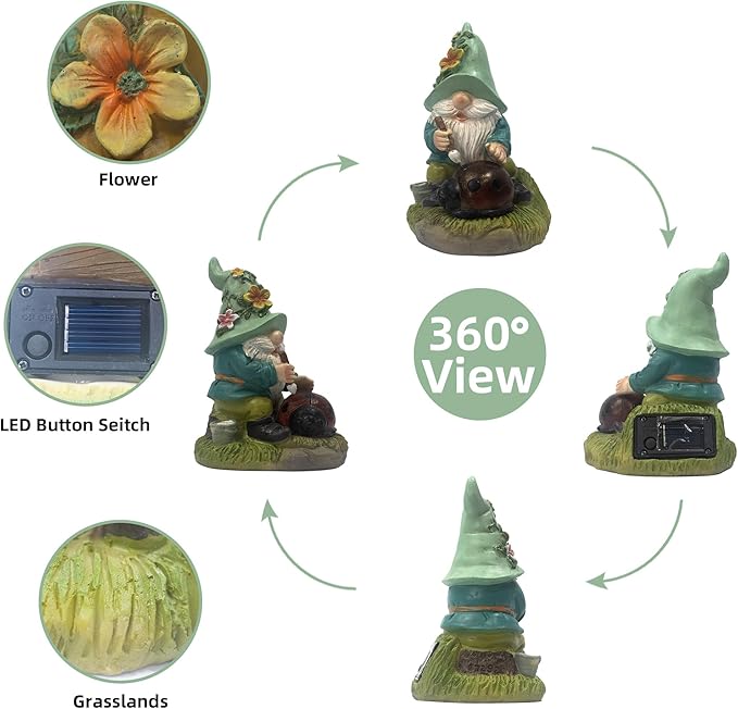 Garden Solar Gnomes Outdoor Statues with Ladybug Flower Gnome Outdoor Decor for Patio, Balcony, Lawn, Yard Ornament - Garden Gifts for Mothers Day, Housewarming, Festival