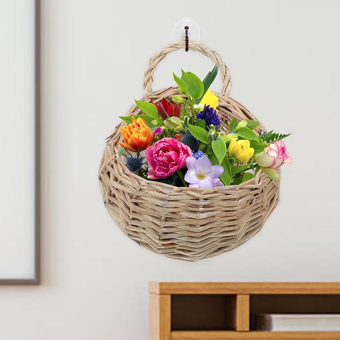 DOITOOL Rattan Basket Hanging 2pcs Rattan Hanging Planters - Round Plant Baskets Bonsai Flowerpot - Woven Flower Pots Flower Holders Containers for Garden Balcony （Dark Khaki）