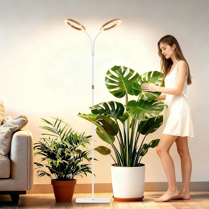 SDOVUERC Full Spectrum Grow Light with Stand for Indoor Plants, Floor Plant Light, 6/12/18H Timer, 3 Color Modes, Adjustable Height 16.5–68in, for Large Plants & Home Décor(2 Heads,Faux Wood Grain)