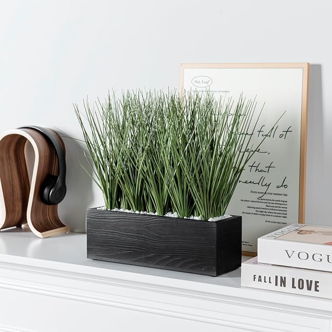MyGift 12 Inch Artificial Green Grass Plants in Rustic Black Solid Wood Planter Box, Faux Greenery Plant Centerpiece in Decorative Rectangular Wooden Container