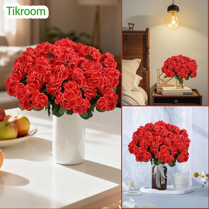Tikroom 6 Pcs Artificial Geranium Flowers for Outdoors Fake Silk Faux Geranium Plant UV Resistant Fake Flowers for Outdoor Planters Garden Windowsill Balcony Courtyard Yard Porch Home Decor