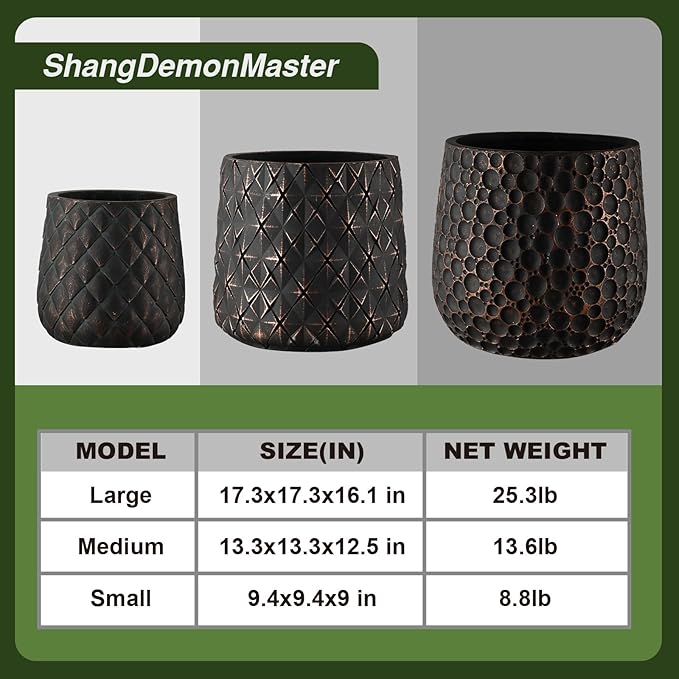 ShangDemonMaster Craft flowerpots 18"+13"+9" Dia Round Concrete Planter Set of 3 Large Outdoor/Indoor Planter Pots Containers with Drainage Holes and Rubber Plug for Home Garden (Black, Large)