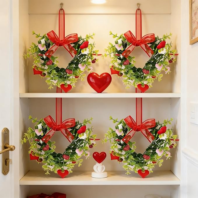 4 Sets Valentine's Day Heart Wreath Artificial Red Berries Heart Swag Kitchen Cabinet Wreaths Hanging Valentines Day Wreaths for Front Door Window Wedding Birthday Home Decoration