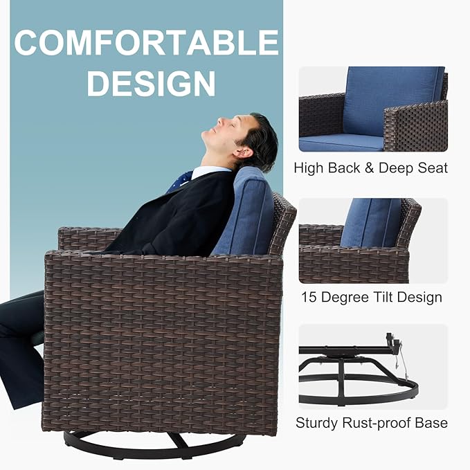 Belord 6 Piece Outdoor Furniture Patio Wicker Sofa Set, Oversize Outdoor Swivel Rocker Chairs with Rattan Ottomans, Conversation Sets Patio Furniture Come with Removable Washable Cushion Blue, Brown
