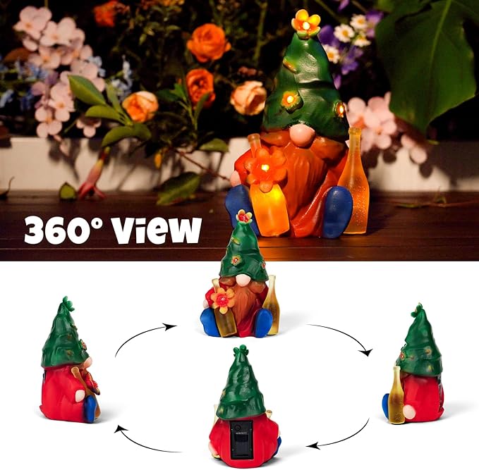 Solar Garden Statues Lights, 8.5" Christmas Outdoor Gnome Figurine with Auto On/Off for Yard Patio Decor, Gifts for Women, Grandma, Mom, Housewarming (Tipsy Bloom Gnome)