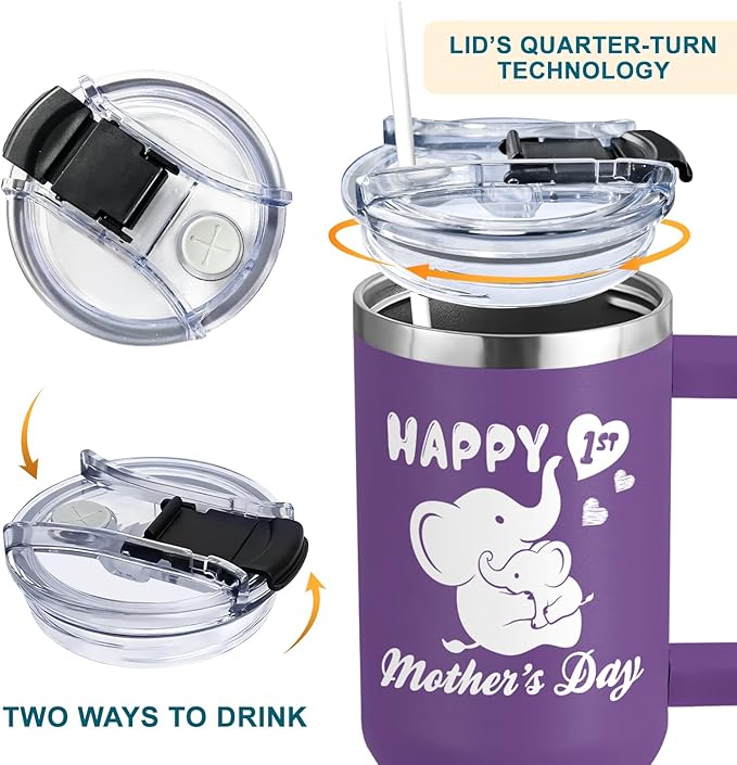 First Mothers Day Gifts For New Mom, Daughter From Baby, Sister, Son - 1st Mothers Day Gifts - First Time Mom Presents - Happy Mommy Day Gift Idea - Elephant 40Oz Tumbler With Handle Straw