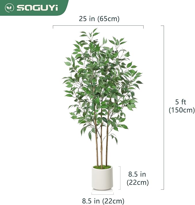 SOGUYI Ficus Artificial Tree 5ft Tall Fake Ficus Tree for Home Decor Indoor Faux Silk Ficus Plant Fake Floor Plant in White Imitation Ceramic Planter with Green Fake Moss, Set of 1