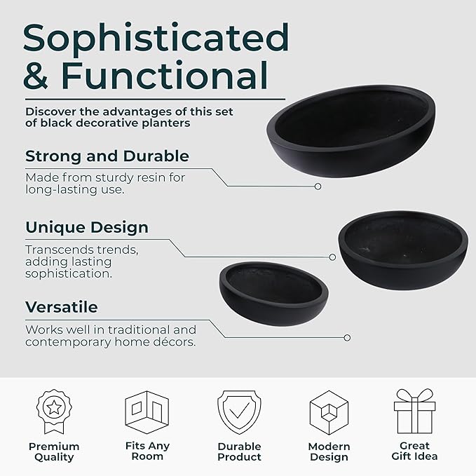 Set of 3 Decorative Resin Planter Pots – Minimalist Sleek Finish Design – Indoor Outdoor Plant Holders – Contemporary Modern Pot Set for Living Room, Entryway, Patio or Garden – 6", 5", 4", Black