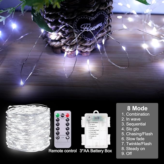 Outdoor String Lights, Warm White Fairy Lights Battery Operated with Remote, Led Twinkle Lights for Bedroom, Dorm, Backyard, Wedding, Tree (White, 33FT-100LED)