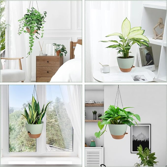 Vanslogreen Hanging Planters for Indoor Outdoor Plants, 2 Pack Self Watering Hanging Pot with Drainage Holes & Removable Tray (Green, 6'')