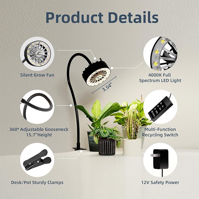 GISMIOSY Grow Lights for Indoor Plants, Full Spectrum Plant Grow Light with Plant Fan,Clip on Plant Lights for Indoor Growing with Timer and Dimmable,Suit for Plant shves and Plant Pot,2 Packs
