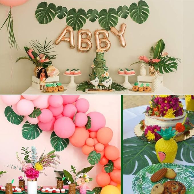 80PCS Artificial Tropical Palm Leaves Plant Imitation Leaf Fake Monstera Leaves Hawaiian Luau Jungle Safari Birthday WeddingTheme Party Table Wall Decorations,Bonus 4 Sheets/80pcs Dot Glues