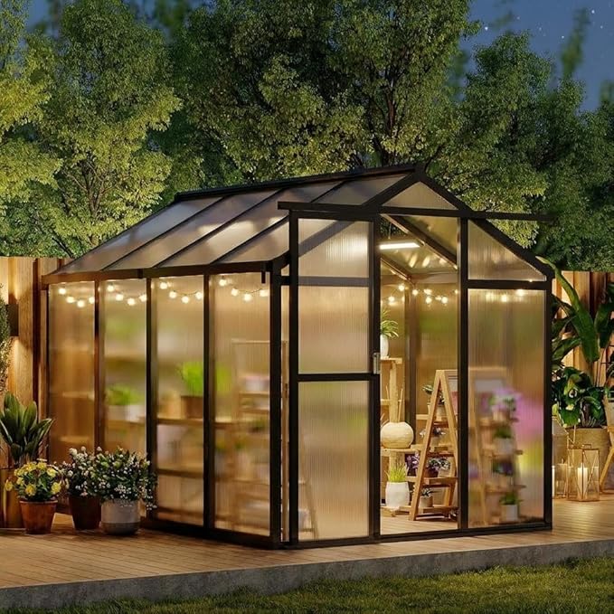 6x8 FT Greenhouse, Outdoor Sliding Door, Polycarbonate Greenhouse with Aluminum Frame, Lockable Door and Ajustable Roof Vent for Backyard, Outside Garden Backyard, Patio, Black