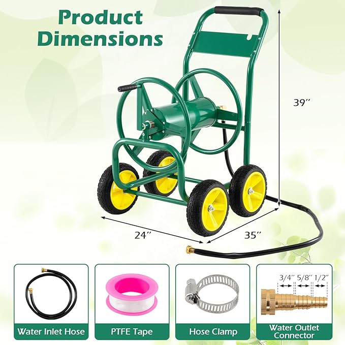 Garden Hose Reel Cart, Mobile Water Hose Cart with Heavy-duty Metal Frame & 4 Solid Wheels, Hold up to 330 ft of 5/8" Hoses, Outdoor Planting Tool for Lawn & Backyard (Green)
