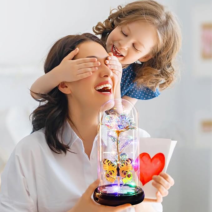 Pusuny Valentines Day Rose Gifts for Her Birthday Gift for Women, Rechargeable Galaxy Glass Rose in Glass Dome Colorful Crystal Flower Butterfly Valentine Gifts for Women Daughter Mom Wife Girlfriend