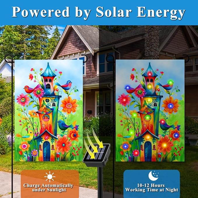 Bird Lighted Garden Flag for Outside, Led Solar Yard Flag 8 Modes Floral Bird Flag, 12x18 Double Sided House Decorations for Home Porch (Stand Not Included)