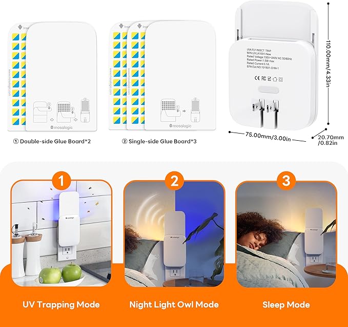 Mosalogic Indoor Fruit Fly Traps Smart Gnat Trap for House Indoor with Motion Sensor Night Light-3 Modes,Silent,600 Sqft Coverage,Catches Fruit Flies,Gnats,Moth, 1 Device with 5 Refills White