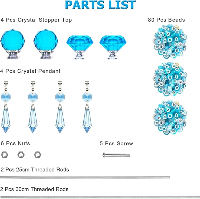Exway 100 PCS DIY Fairy Wand Beaded Garden Stake Beads Kits with Light Blue Large Hole Beads 4 Crystal Stopper Top Threaded Rods and 4 Light Blue Sparkling Crystal Pendants for Outdoor Indoor Decor