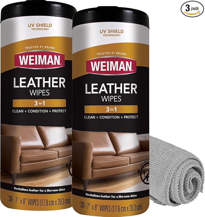 Weiman Leather Cleaner Wipes - Clean Condition UV Protection Help Prevent Cracking or Fading of Furniture, Car Interior, Couch, and Shoes, 2 Pack with Microfiber Cloth