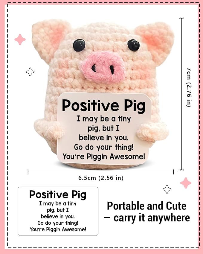 WEZADUK Funny Positive Crochet Pig Gifts for Women Friends, Pink Handmade Emotional Support Plush Pig Decor, Cute Mothers Day Birthday Gifts