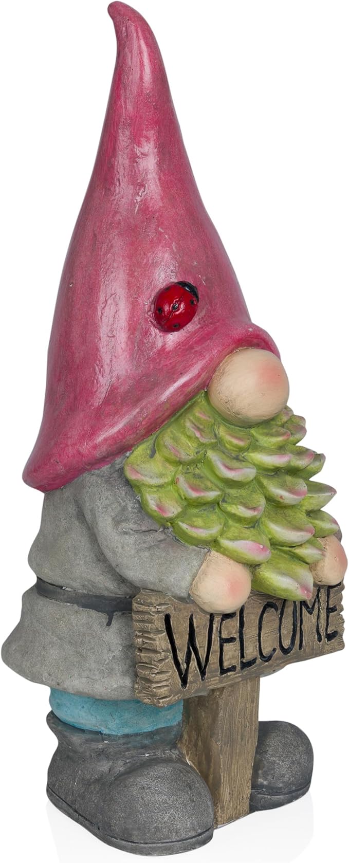 Alpine Corporation 19" Tall Outdoor Red Hat Holding “Welcome” Sign Gnome Statue, Stylish Weatherproof Garden Decor