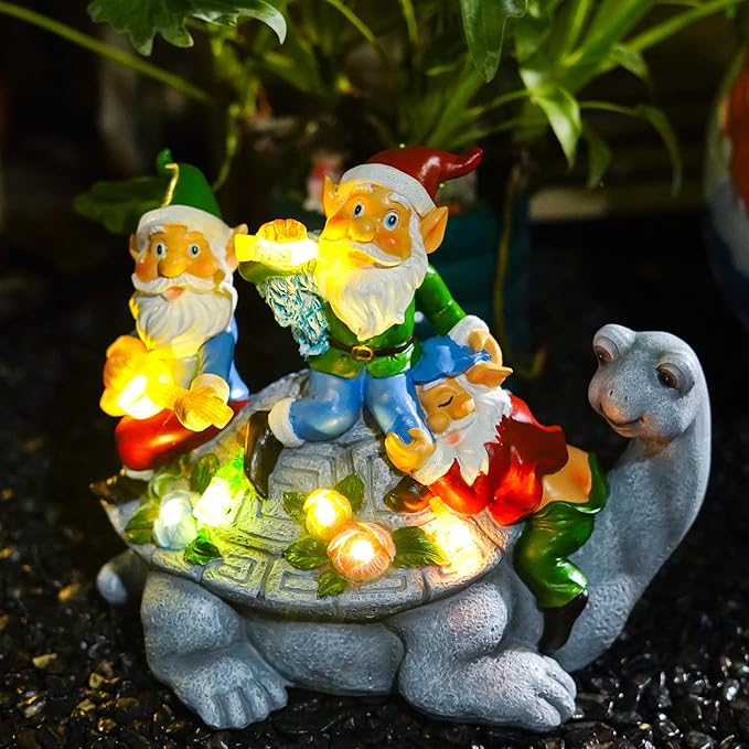 Solar Garden Outdoor Statues Gnome Turtle Three Gnomes Having Party on Turtle with 7 LED Lawn Decor Outside Decorations for Patio, Balcony, Yard Ornament Unique Garden Gift