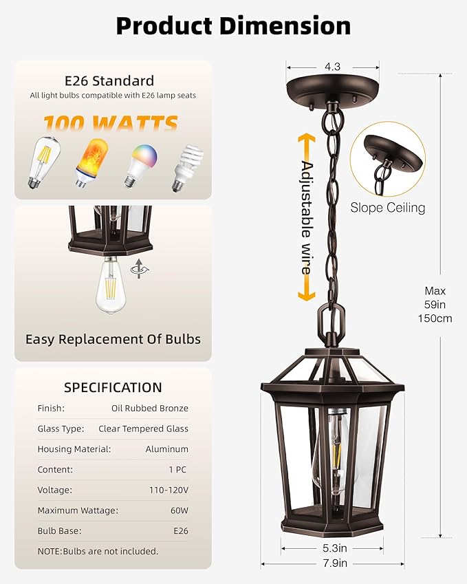 VIANIS Oil Rubbed Bronze Pendant Light Fixtures, Modern ORB Outdoor Chandelier with Clear Tempered Glass, Aluminum Ceiling Lights for Porch, Hanging Lighting for House