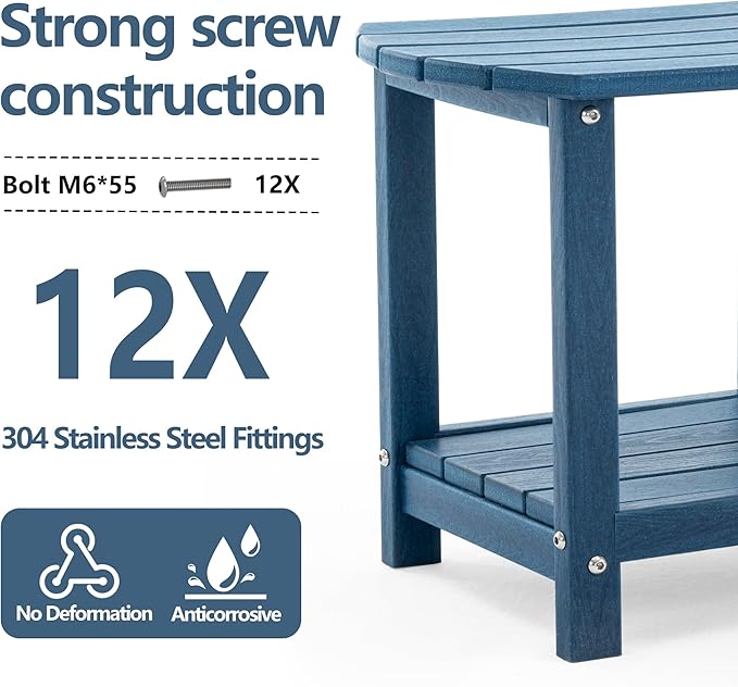 Folding Adirondack Chair Set with Side Table - HDPE Outdoor Patio Chairs, Weatherproof Chair with Reclining Back, Cup & Phone Holder, and 2-Tier Storage End Table for Firepit or Garden (Blue)