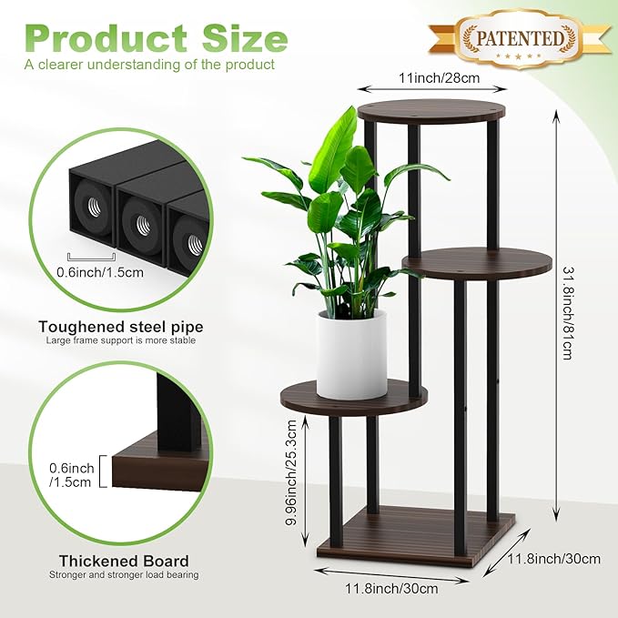 YOCOMEY Plant Stand Indoor, 4 Tier Thickened Metal Corner Plant Shelf for Multiple Plants, Indoor Plants Tiered Flower Pot Stand for Patio Garden Balcony Living Room Bedroom(Black Oak)