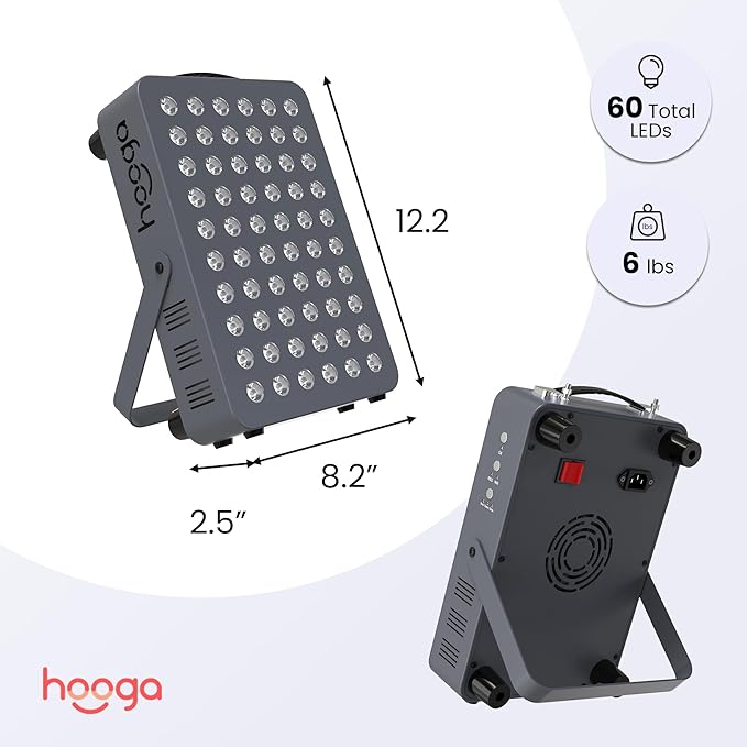 Hooga Red Light Therapy Panel for Face and Body, Red & Near Infrared LED Light with Timer and Stand, 60 High-Efficiency Low-Level LEDs (<5 mW), Flicker-Free Wellness and Recovery Device – HG300.