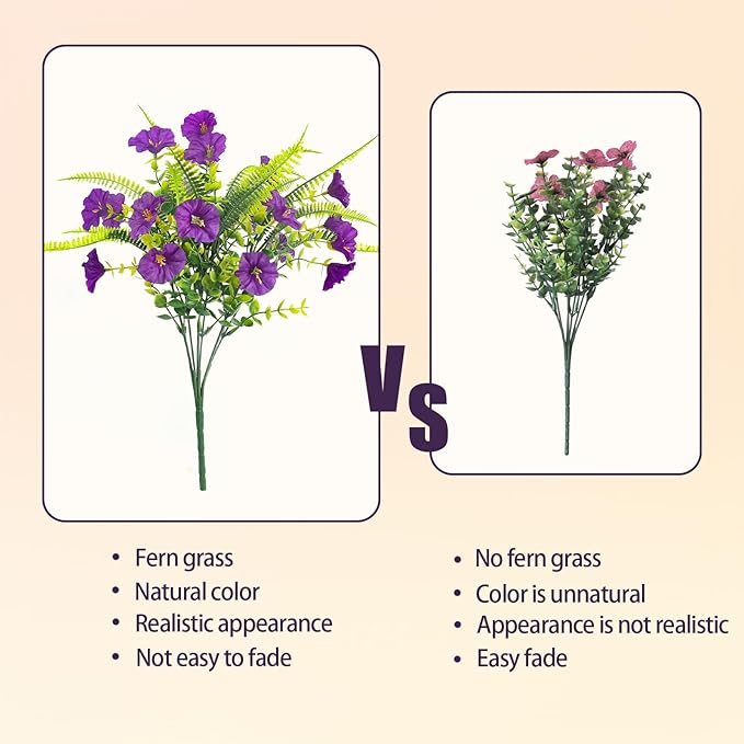 HIAGROW Spring Artificial Flowers Outdoors 12 Bundles Artificial Petunias Fake Flowers UV Resistant Shrubs Plants with Fern for Indoor Outside Hanging Planters Home Garden Decorations (Light Purple)