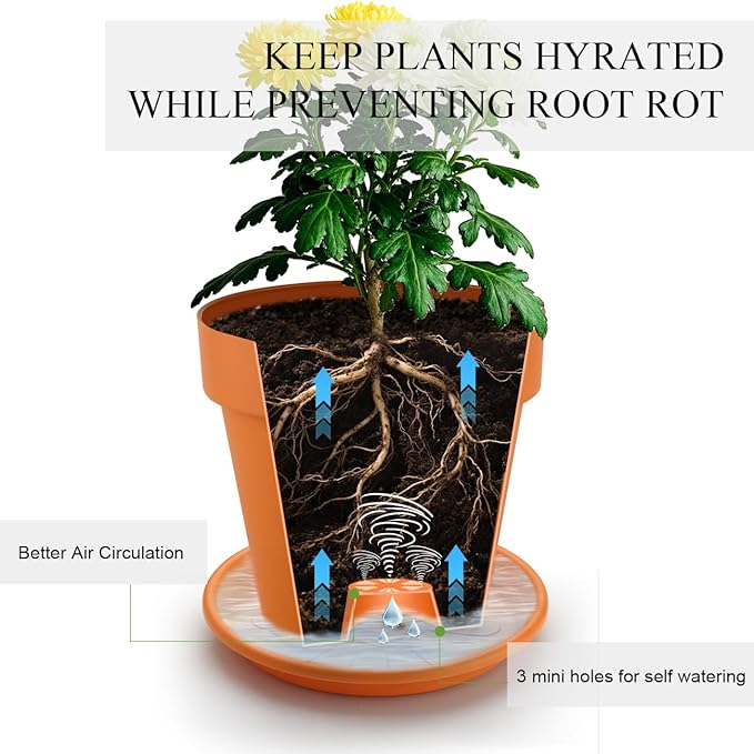 RooTrimmer 3-Pack 8/9/10 Inch Plastic Plant Pots with Saucers – Durable BPA-Free Planters with 21 Drainage Holes, Raised Bottom Breath and Bottom Watering Design for Indoor & Outdoor – Orange