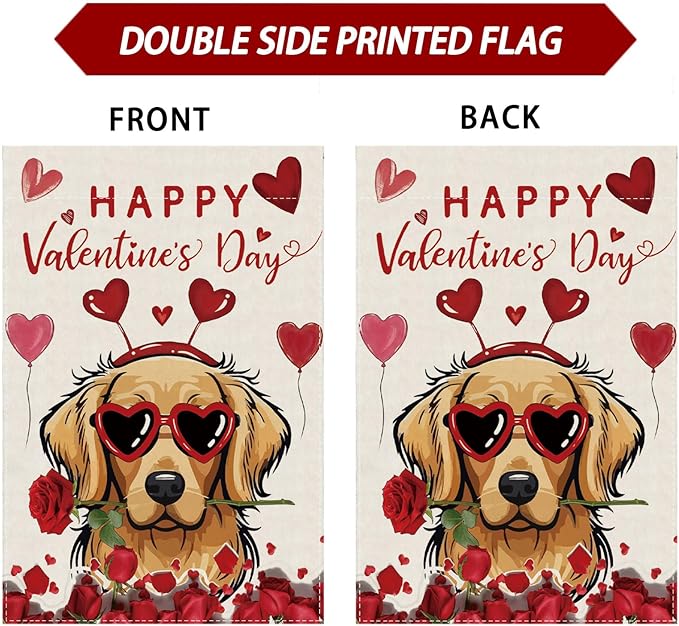 Happy Valentine’s Day Romantic Roses Love Hearts Balloon Dog House Flag Big Large Burlap 28X40 Inch Vertical Double Sided Outside Yard Holiday Outdoor Farmhouse Decoration