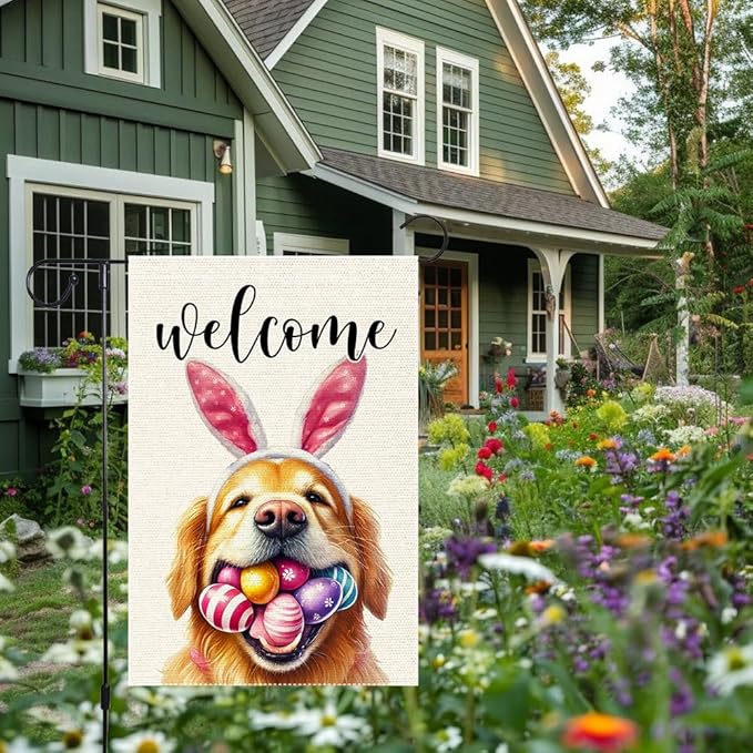 Welcome Easter Garden Flag Dog Spring Seasonal Eggs Sign Yard Holiday Outdoor 12x18 Inch Small Burlap Double Sided flags Decorations