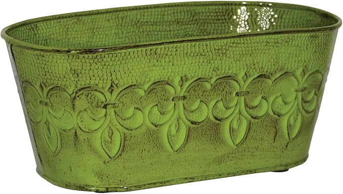 Robert Allen MPT01897 Fleur De Lis Series Metal Oval Planter Flower Pot, 10", Color Tansy Green