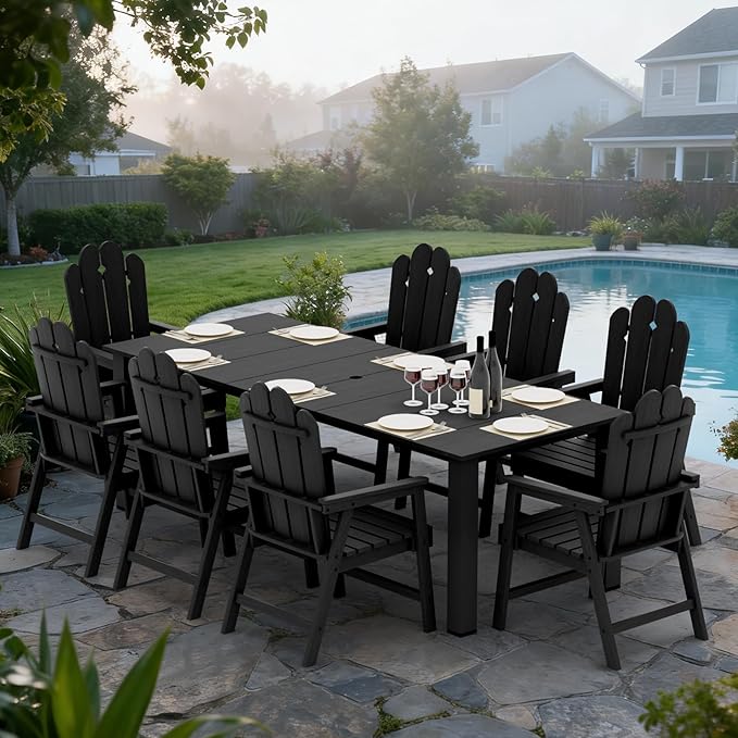 9-Piece Patio Dining Set, Outdoor Dining Set for 8, Large HDPE All-Weather Outdoor Furniture with 89.57” Umbrella Hole Table, 8 Armchairs, Black