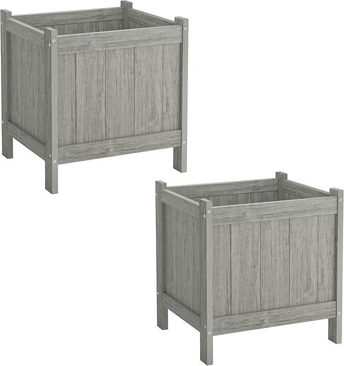 LUE BONA Outdoor Plant Pots Set of 2, 13.7" x 12.5" x 14.5" Flower Pots with Drainage Holes, Outdoor Planter Box for Outdoor Plants - Porch Patio, Garden or Entryway, Light Gray-Oil Printed