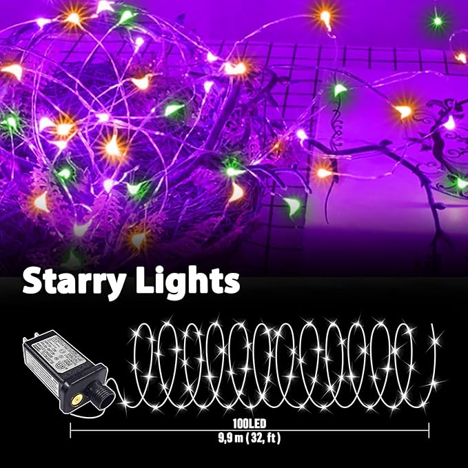 LAMPHOME Halloween Fairy Lights Plug in, 33Ft 100 LEDs Waterproof Twinkle Firefly Lights, Adaptor Included, Starry String Lights for Wedding Indoor Outdoor Christmas Patio Garden, Orange Purple Green
